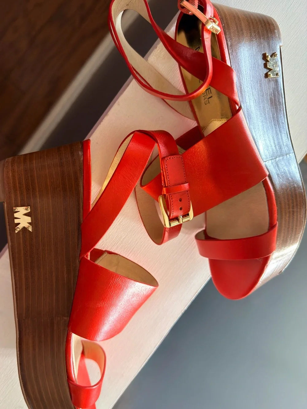 Michael Kors Coral Orange/Red Leather Ankle-Strap Sandals